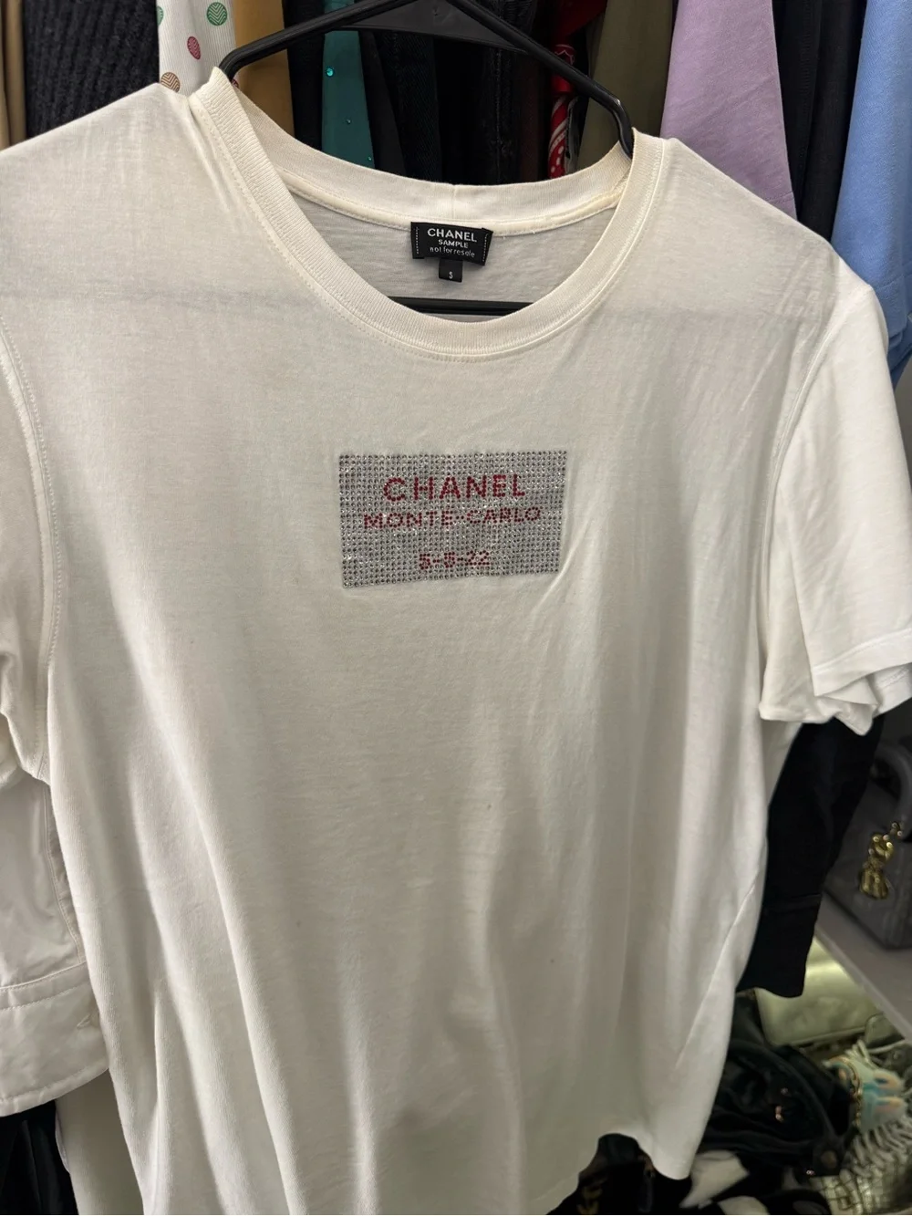 CHANEL White T-Shirt with Red Monte-Carlo Logo Patch